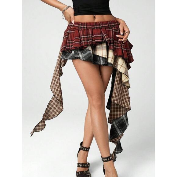 Y2K Punk Emo Skater Asymmetrical Patchwork Plaid Mini Skirt - S, M, : - Picture 3 of 5